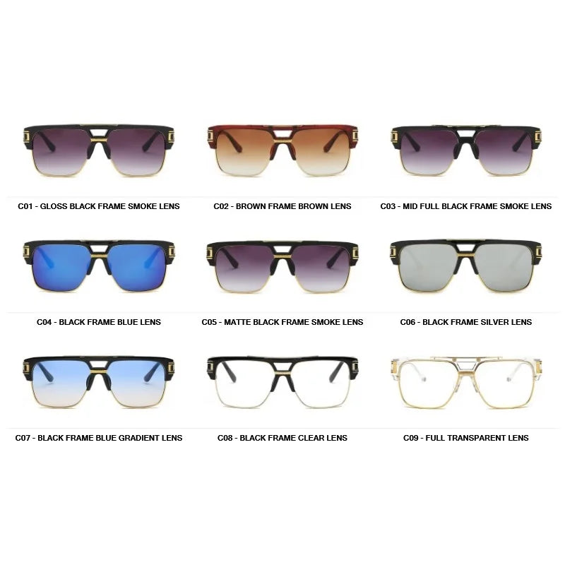 Various sunglasses with different frame colors and lens types on a white background