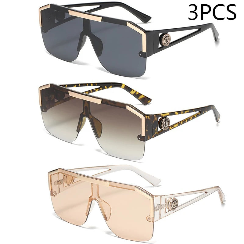 Three pairs of sunglasses with different frame colors and designs on a white background.