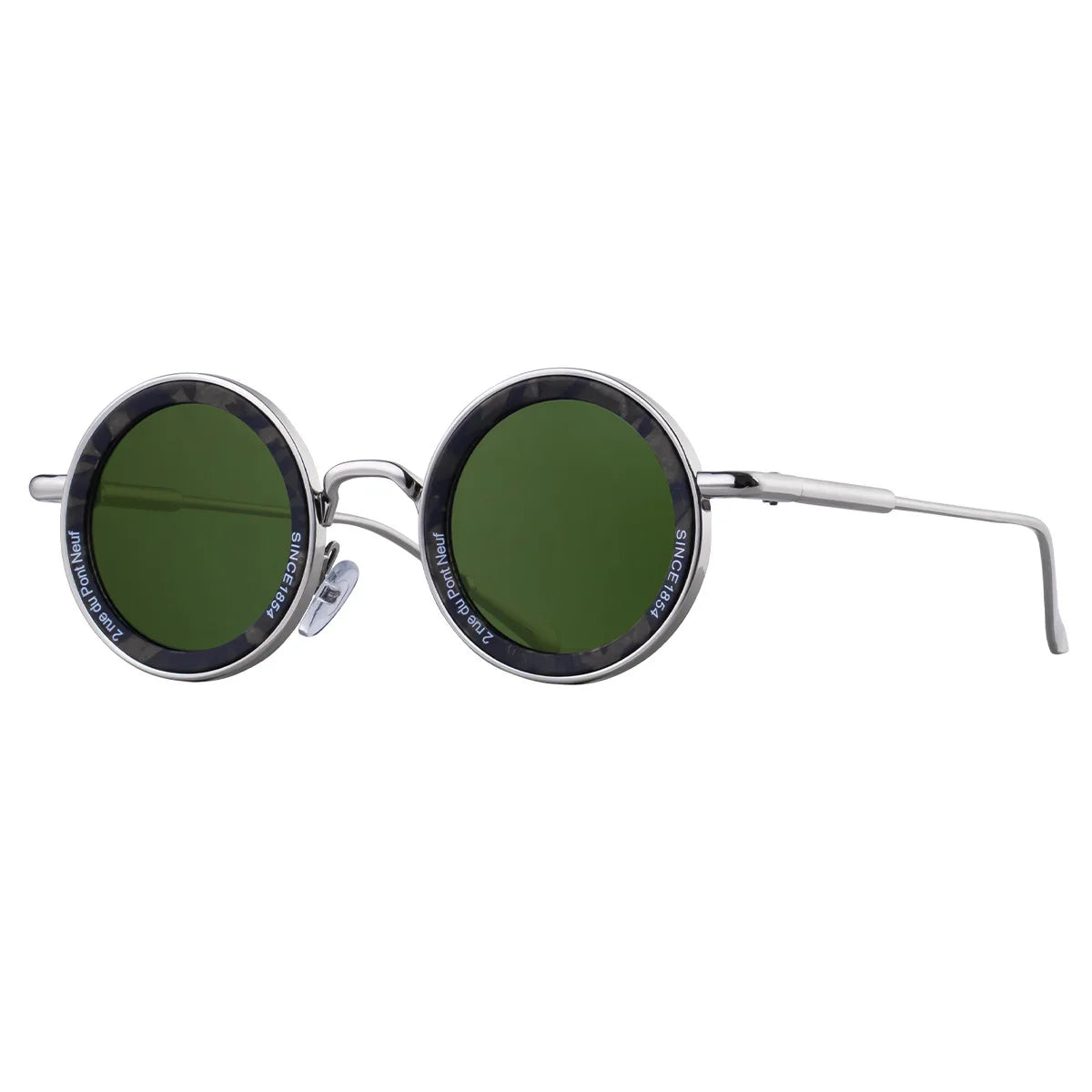 Round sunglasses with green lenses and silver frames on a white background
