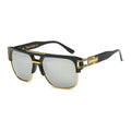 Sunglasses with black and gold frame on a white background
