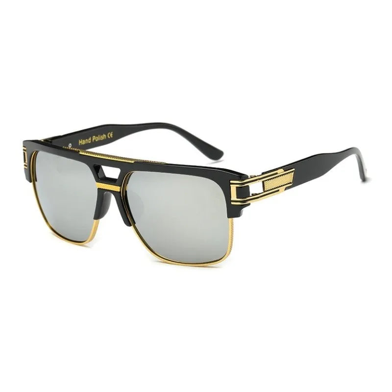 Sunglasses with black and gold frame on a white background