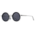Round sunglasses with dark lenses and thin metal frame on a white background