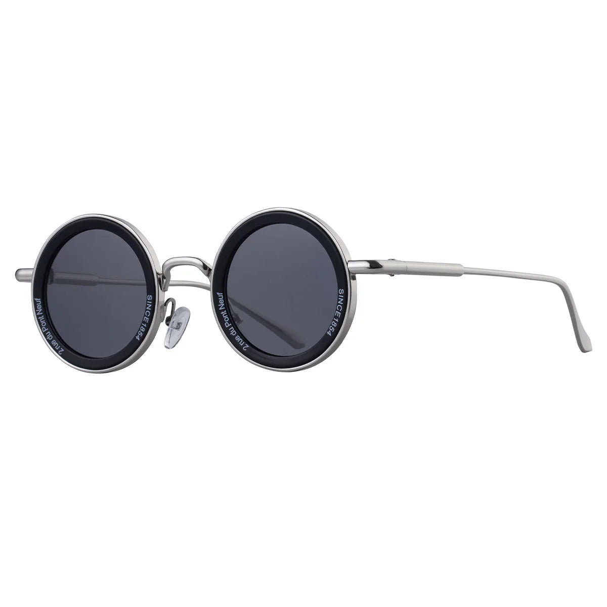 Round sunglasses with dark lenses and thin metal frame on a white background