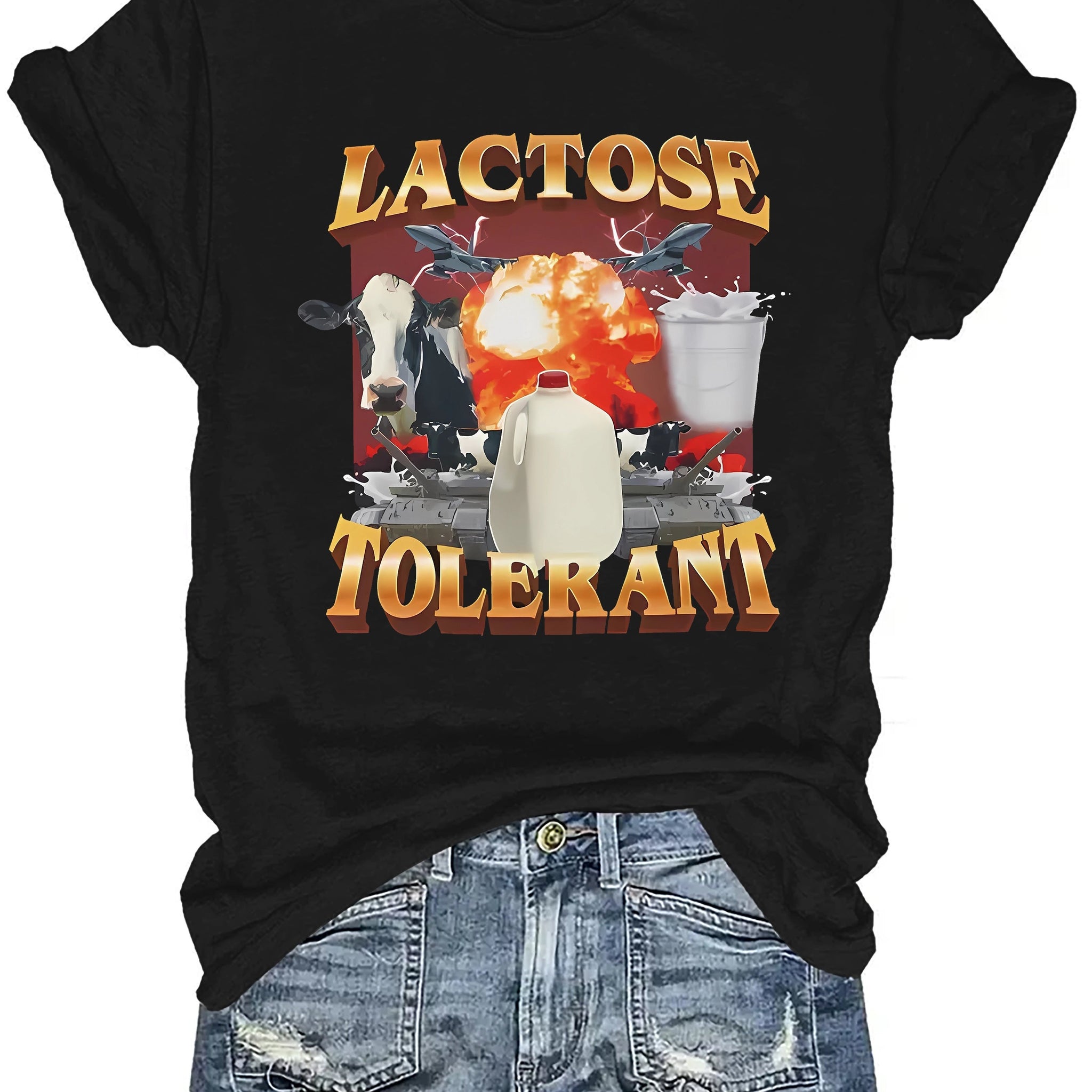 Lactose Tolerant Graphic T-Shirt - Unisex Casual Round Neck Short Sleeve Top for All Seasons