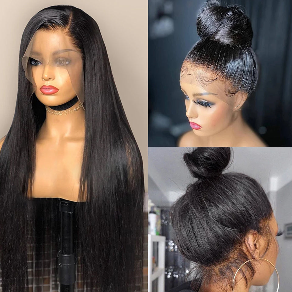 Real Human Hair Lace Wig Set: Straight Hair, Black, Medium Length