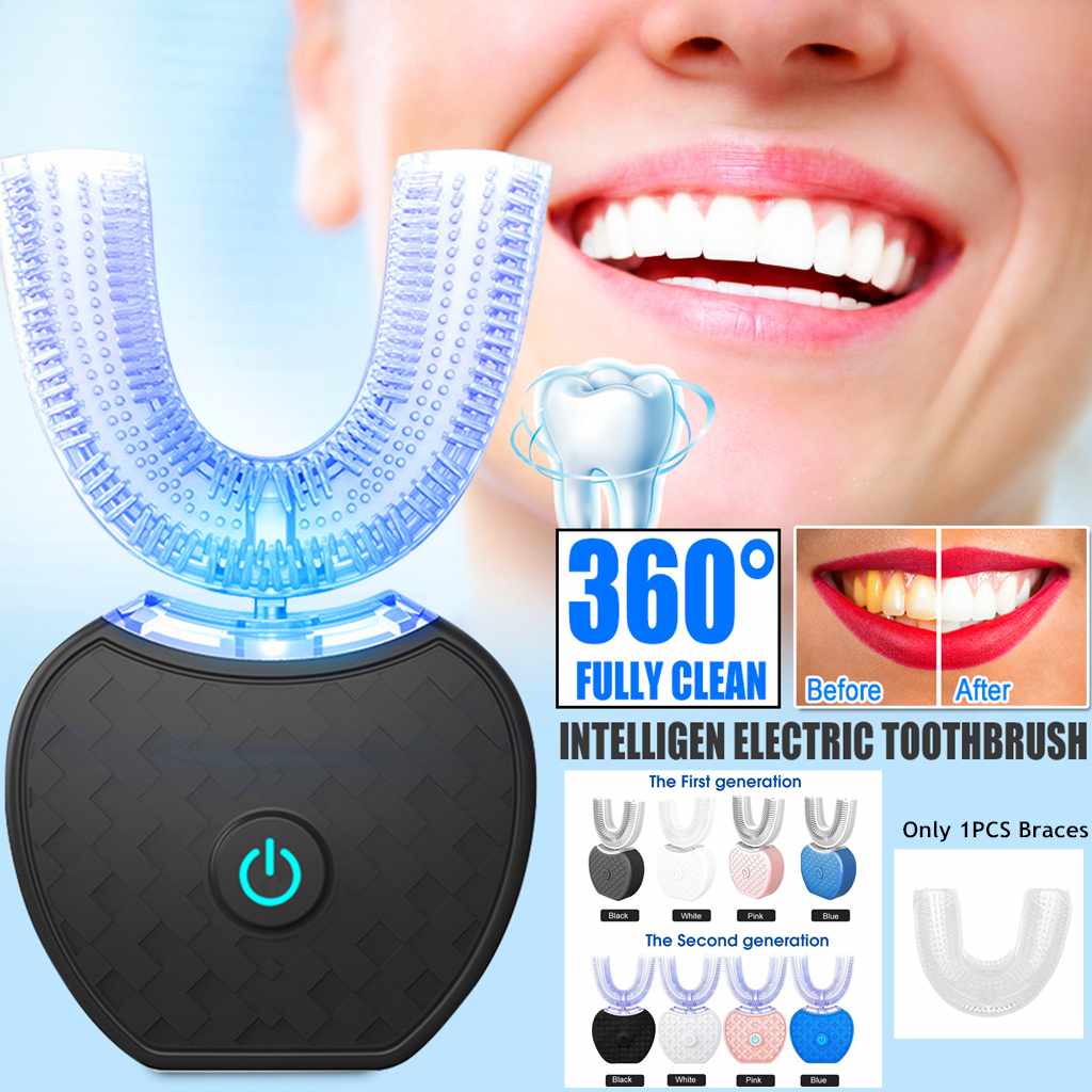 360 Degrees Intelligent Automatic Electric Toothbrush: Waterproof U-Type Toothbrush with Whitening Blue Light and USB Charging.