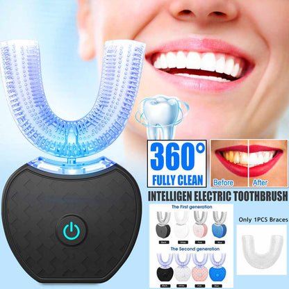 360 Degrees Intelligent Automatic Electric Toothbrush: Waterproof U-Type Toothbrush with Whitening Blue Light and USB Charging.
