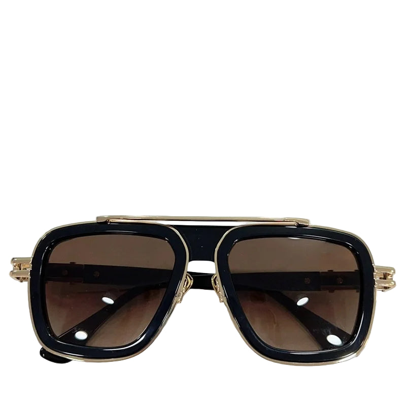 Black and gold sunglasses with brown lenses on a white background