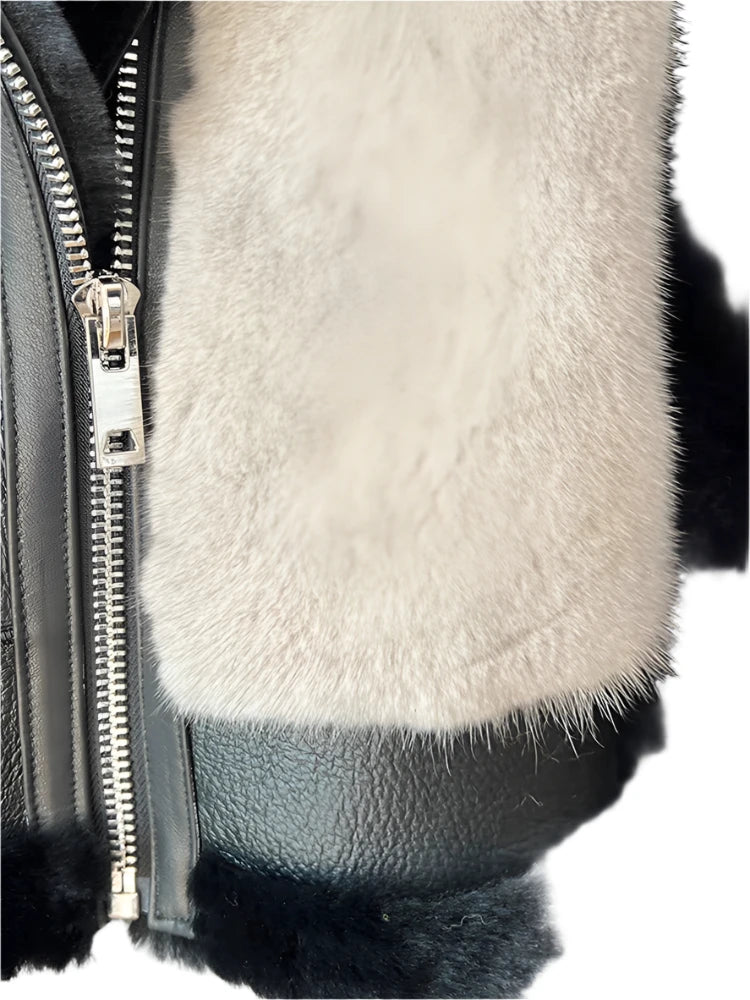 natural fur and leather jacket, mink and sheep fur jacket, luxury winter outerwear for women, luxury merino sheep fur jacket, high-quality merino sheep fur jacket, genuine leather winter coat, full-length sleeve fur coat, elegant women’s fur coat, designer fur coat for women, autumn and winter fur jacket.

