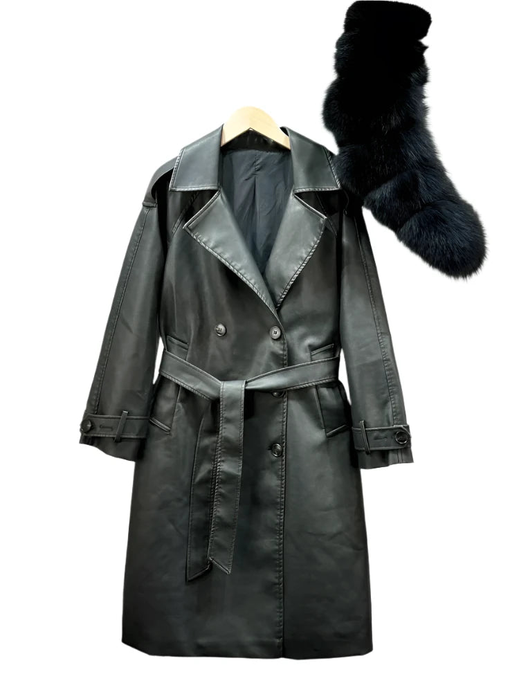 pu leather outerwear, luxury women’s jacket, long leather coat, leather moto jacket, leather and fur jacket, fox fur collar coat, faux leather winter jacket, fall fashion coat, double-breasted coat, detachable fur collar jacket, chic leather outerwear, casual leather jacket, biker leather jacket, autumn streetwear, real fox fur jacket, 


