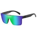 Sunglasses with multicolored lenses and black frame on a white background