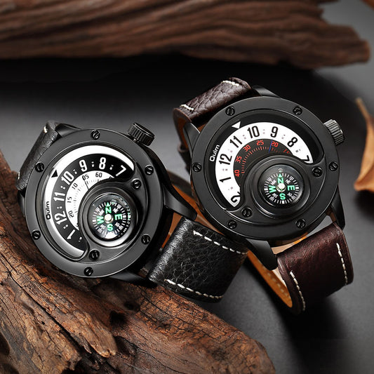 Decorative Compass Watch, Unique Design Watch, Male Quartz Clock Watch, Men's Leather Strap Casual Wristwatch