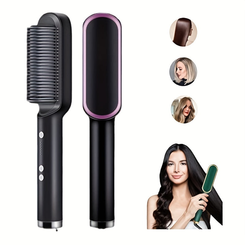 2-in-1 Electric Hair Straightener Brush Hot Comb: Adjustable Heat Styling Curler Anti-Scald Comb, a versatile styling tool for long-lasting curls and straight hair.