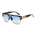 Sunglasses with gold frame and blue gradient lenses on a white background