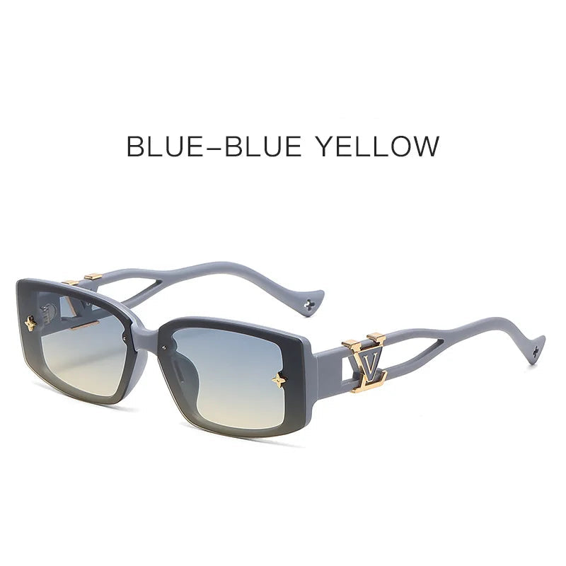 Sunglasses with blue frame and gradient lenses on a white background
