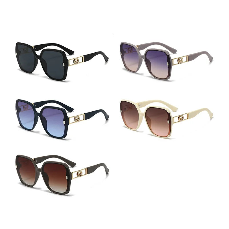 Five pairs of sunglasses with different frame colors and lens colors on a white background