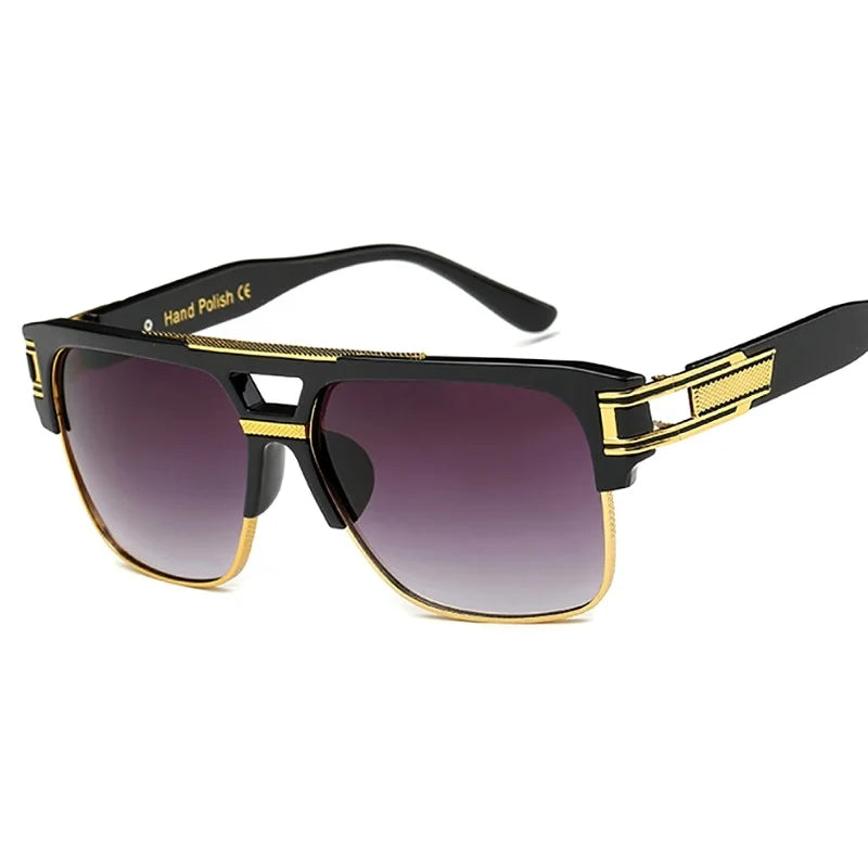 Sunglasses with black and gold frame on a white background