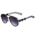 Sunglasses with a black frame and gradient lenses on a white background
