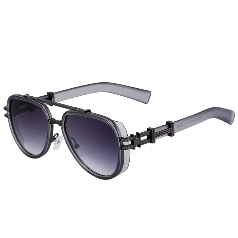Sunglasses with a black frame and gradient lenses on a white background