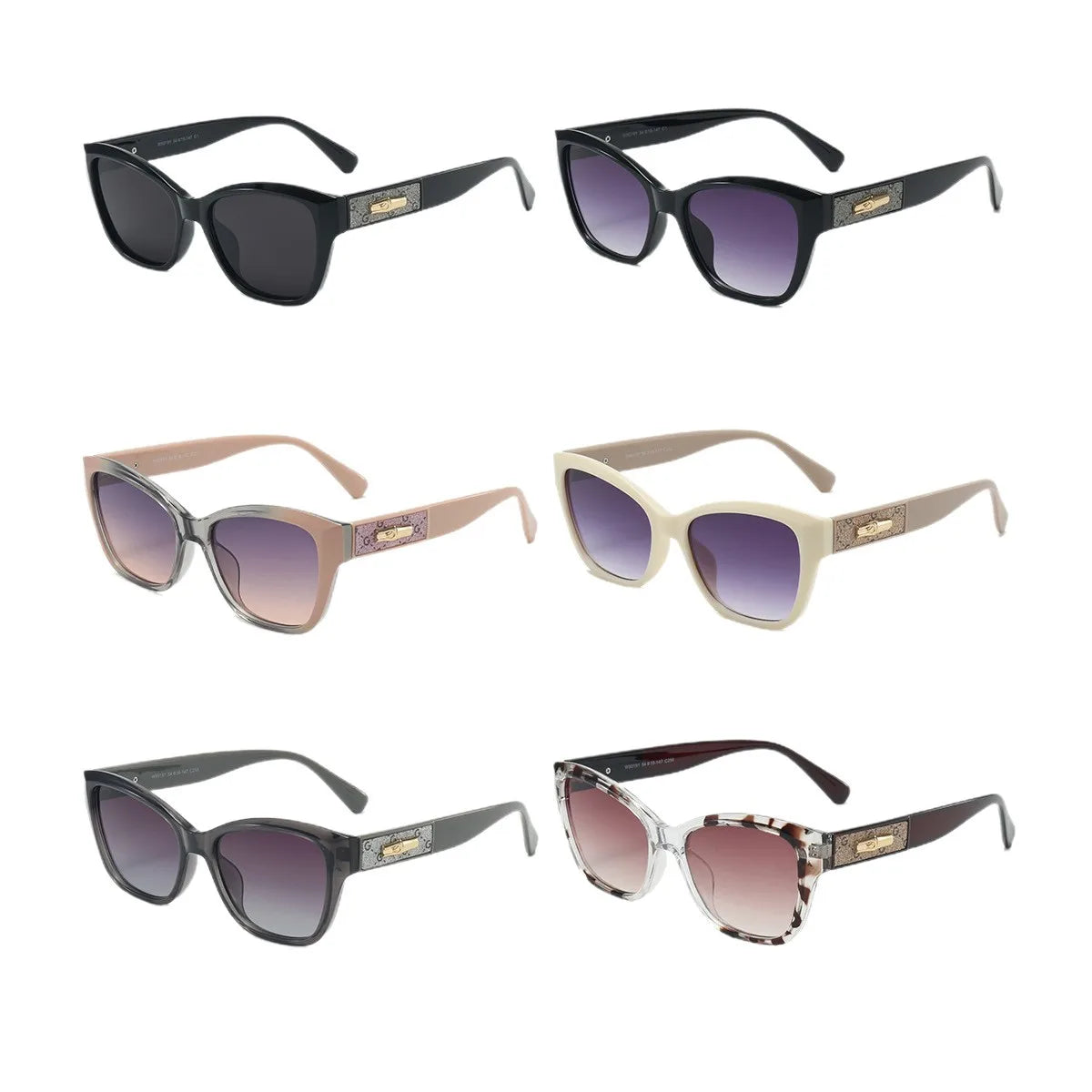 Set of six pairs of sunglasses with different frame colors and designs on a white background.