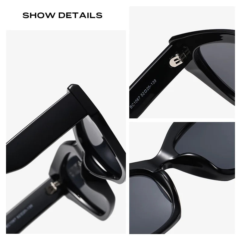 Close-up of black sunglasses with a focus on the frame and lenses.