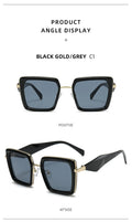 Black gold and gray sunglasses displayed from different angles on a white background.