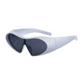 White wrap-around sunglasses with dark lenses on a white background