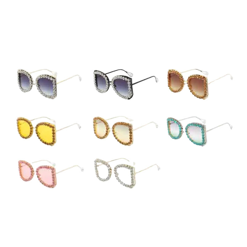 Set of cat-eye sunglasses with colorful embellishments on a white background, featuring the brand 'DOHOHDO'.
