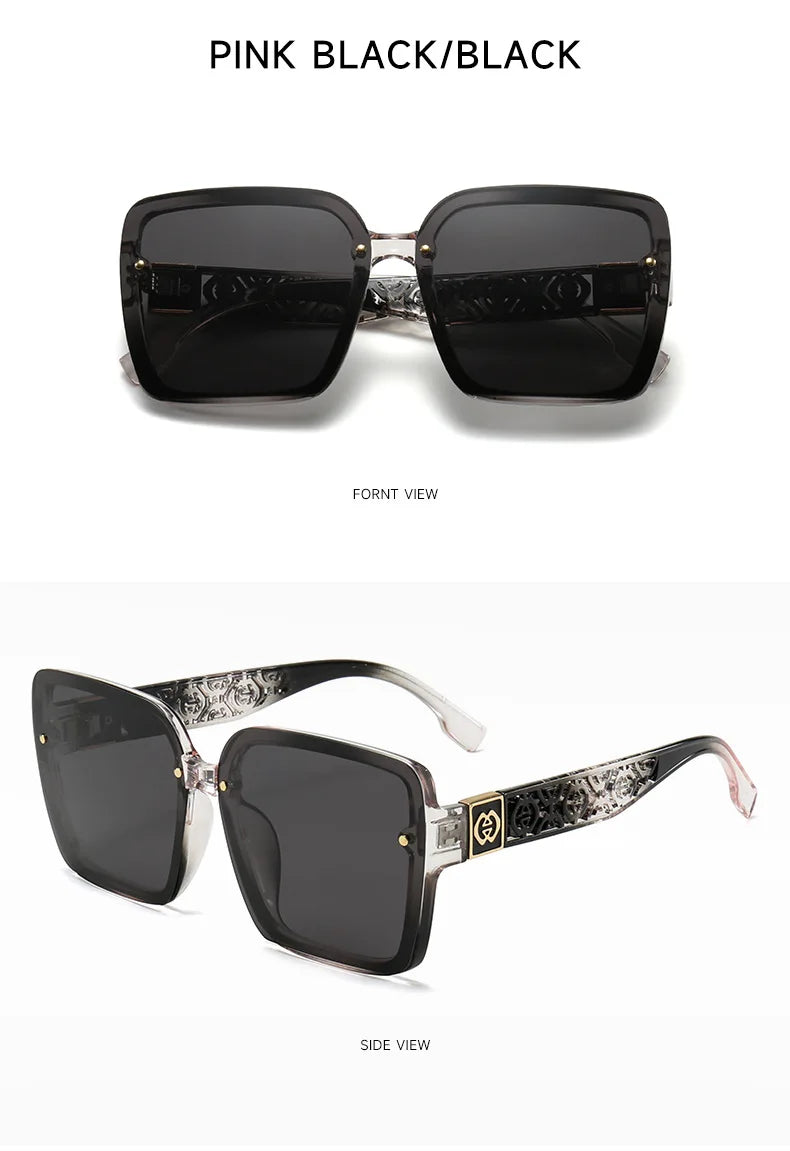 Sunglasses with pink and black frame and dark lenses on a white background