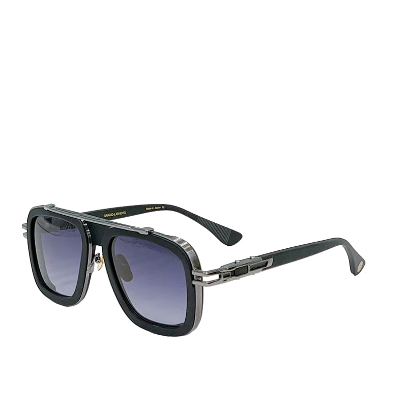 Sunglasses with black frame and gradient lenses on a white background