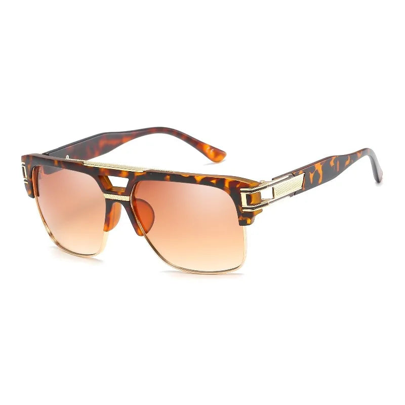 Sunglasses with tortoiseshell frame and brown gradient lenses on a white background