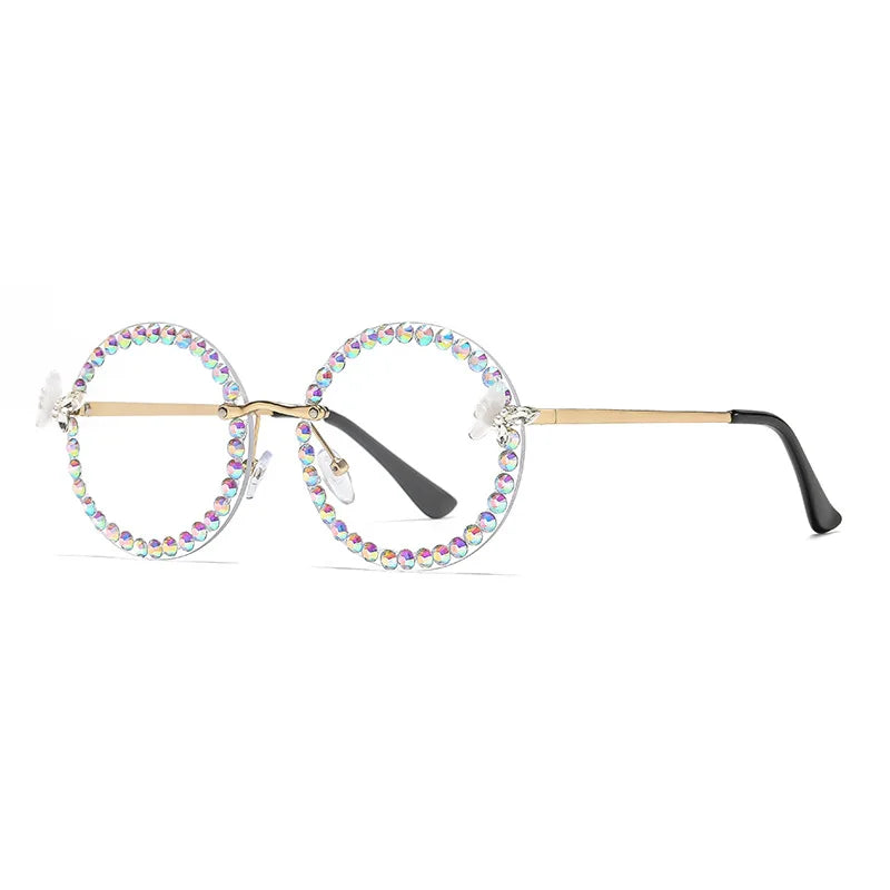 Glasses with colorful bead embellishments on a white background