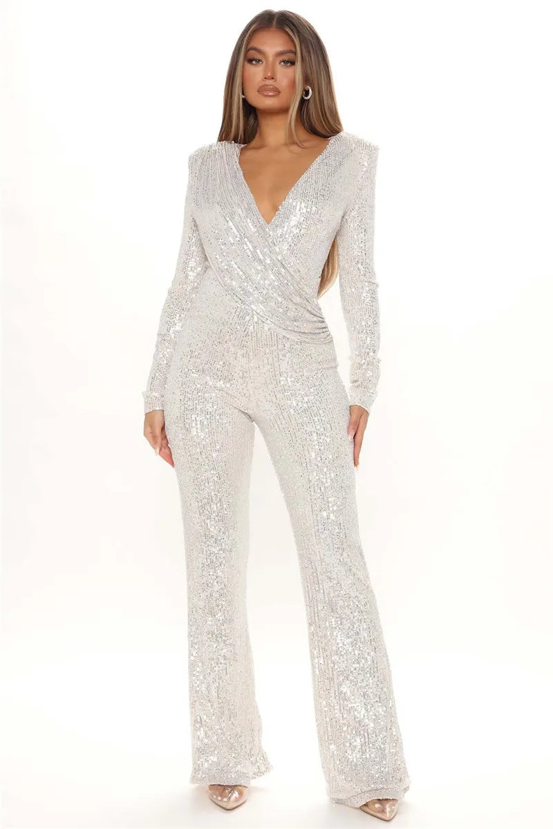 high-waisted jumpsuit, glamorous jumpsuit, full-length romper, full-length jumpsuit, festive party romper, fall winter jumpsuit, evening wear jumpsuit, elegant jumpsuit for women, draped jumpsuit, designer party romper, clubwear jumpsuit, celebrity style jumpsuit, celebrity party jumpsuit, autumn winter jumpsuit, long sleeve romper,