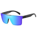 Sunglasses with blue reflective lenses and black frame on a white background