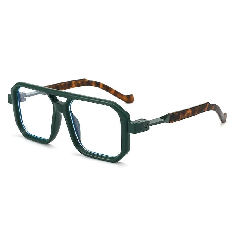Green eyeglasses with tortoiseshell arms on a white background