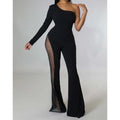 mesh patchwork jumpsuit, long sleeve partywear, lightweight women's jumpsuit, ladies' spring jumpsuit, high-waist romper, high waist jumpsuit for women, flattering silhouette jumpsuit, flare pants jumpsuit, feminine design jumpsuit, elegant clubwear jumpsuit, date night jumpsuit, club party outfit, chic evening jumpsuit, breathable fabric jumpsuit, ankle-length flare jumpsuit.


