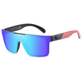 Sunglasses with blue reflective lenses and American flag design on arms against a white background