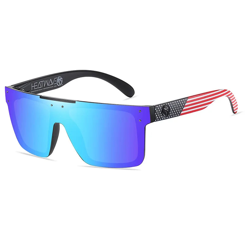 Sunglasses with blue reflective lenses and American flag design on arms against a white background