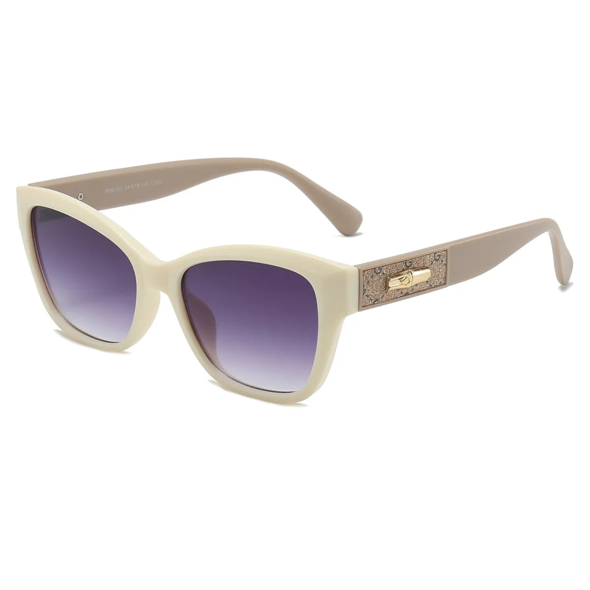 Beige sunglasses with purple gradient lenses on a white background
