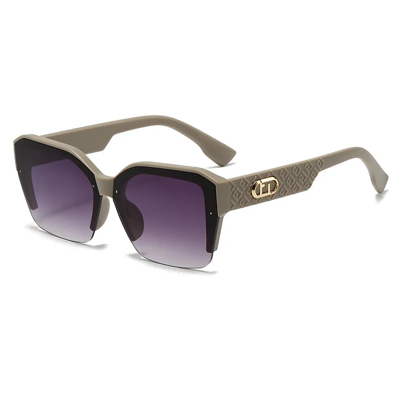 Sunglasses with purple gradient lenses and beige frame on a white background