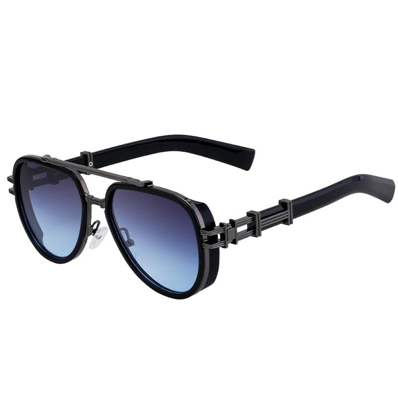 Black steampunk-style sunglasses with gradient lenses on a white background, branded 'seventpeople'.