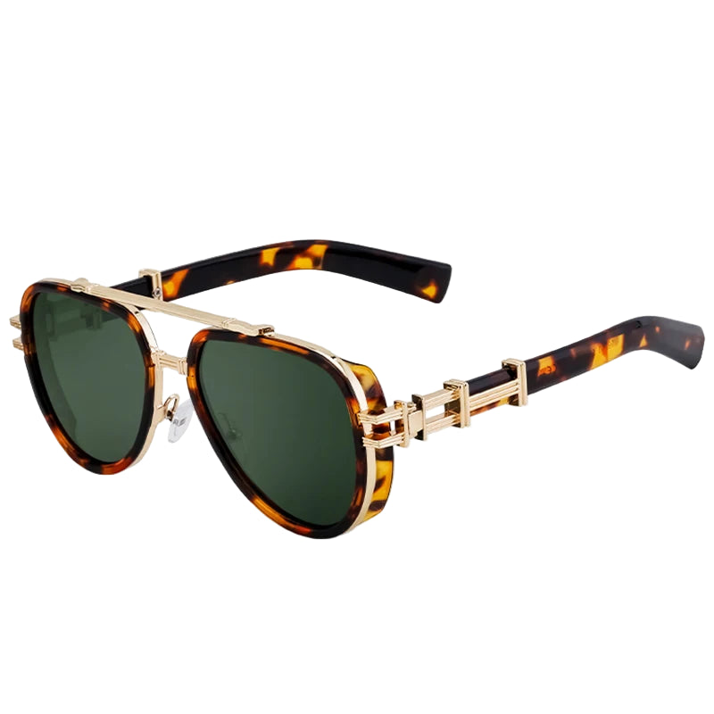 Sunglasses with tortoiseshell frame and green lenses on a white background