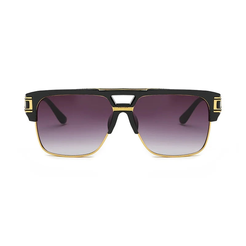 Sunglasses with black and gold frame on a white background