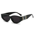 Black sunglasses with a gold logo on a white background