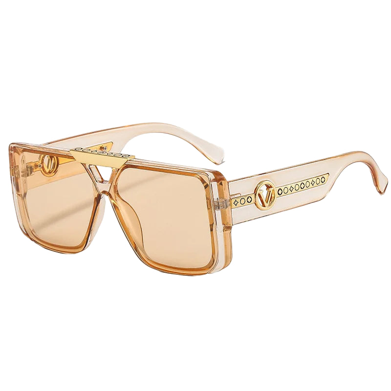Sunglasses with gold frame and lenses on a white background