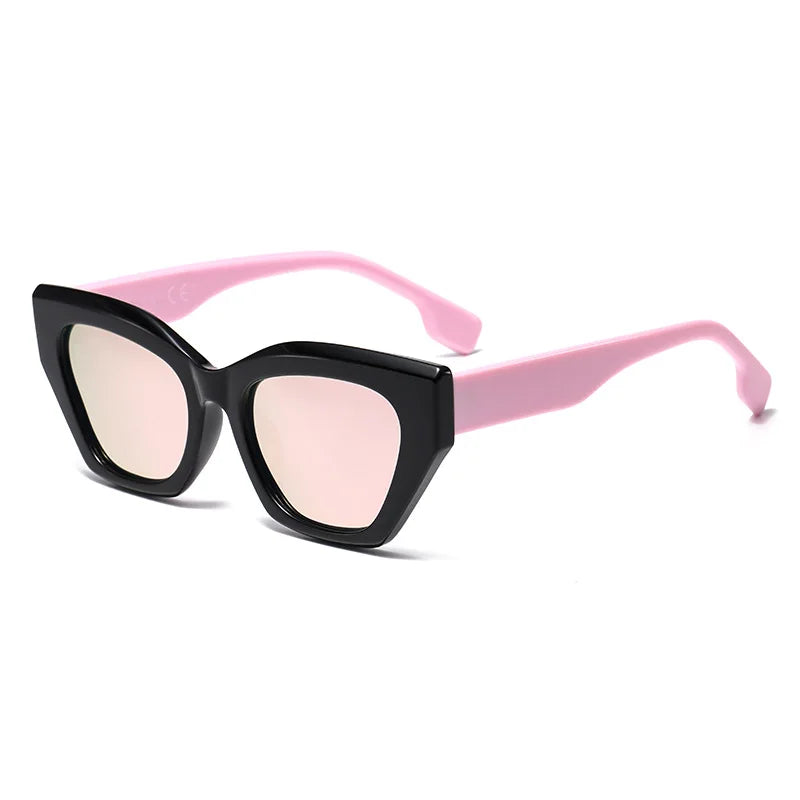 Sunglasses with black frame and pink arms on a white background