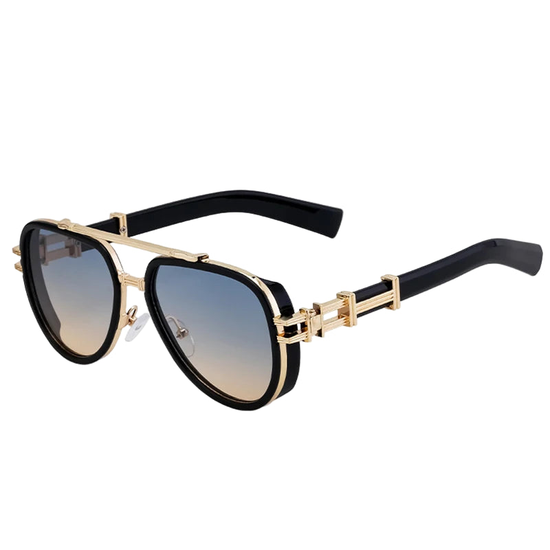 Sunglasses with gold frame and black arms on a white background