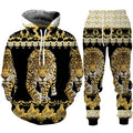 Leopard-themed hoodie and pants set with gold patterns on a white background