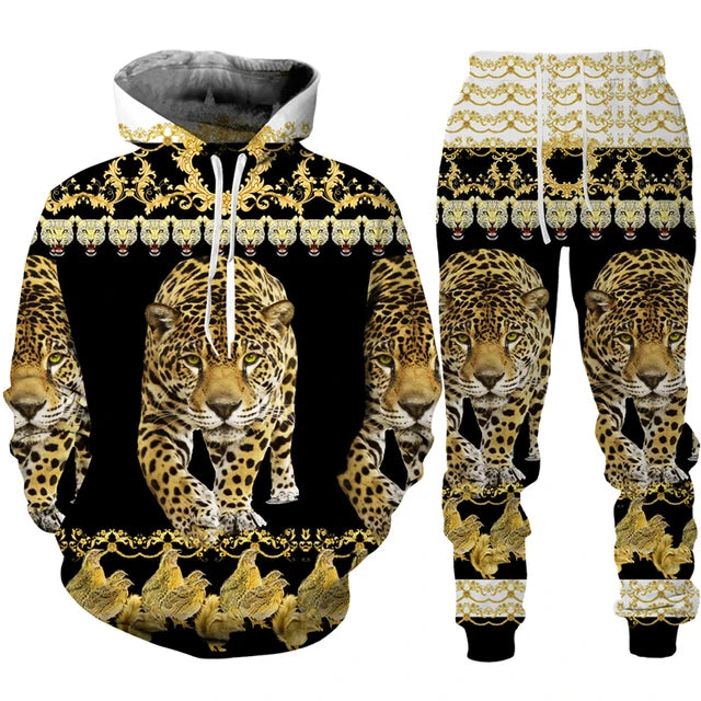 Leopard-themed hoodie and pants set with gold patterns on a white background