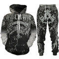 Hoodie and pants set with intricate designs and text on a white background